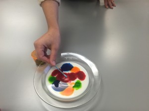 Once you have your colors set, put a cotton swab dipping is dish detergent into the center of the milk bowl.