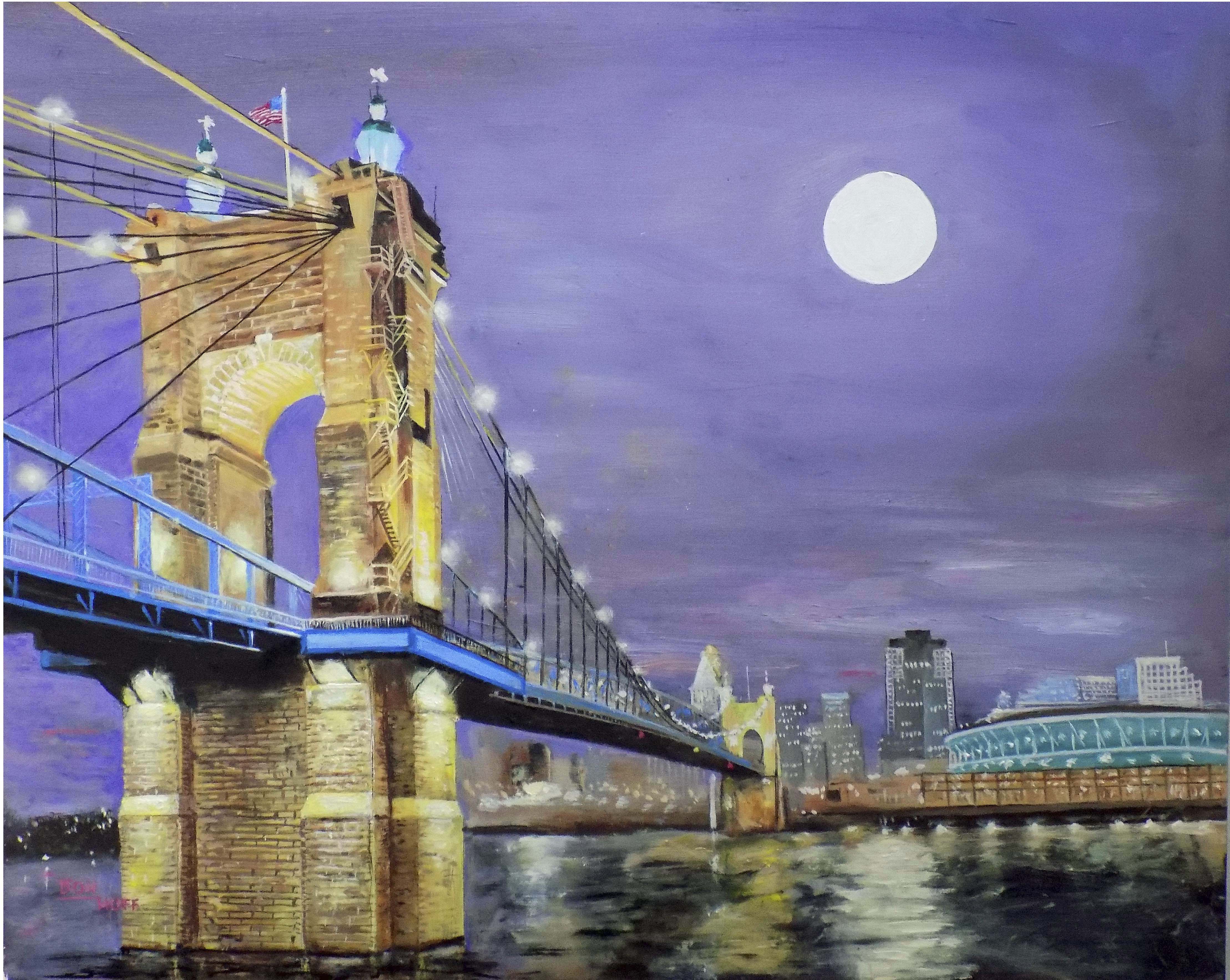 A painting of Cincinnati's Robeling Bridge by Pattie Purnell.