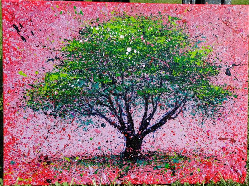 A painting by Billy Tacket titled that depicts a lush tree and a pink backdrop.