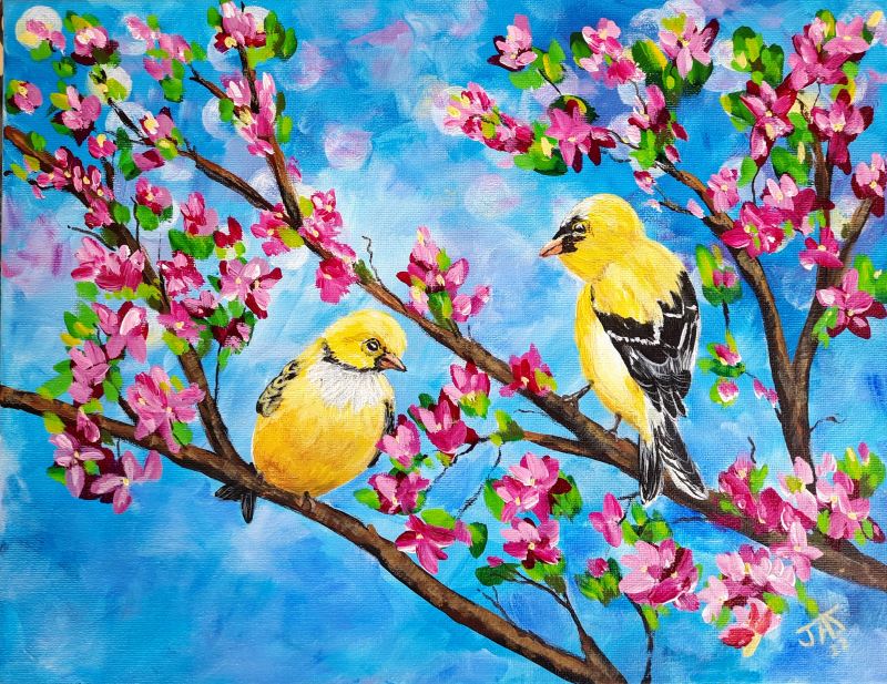 A painting of two yellow birds by Joann Scharf.